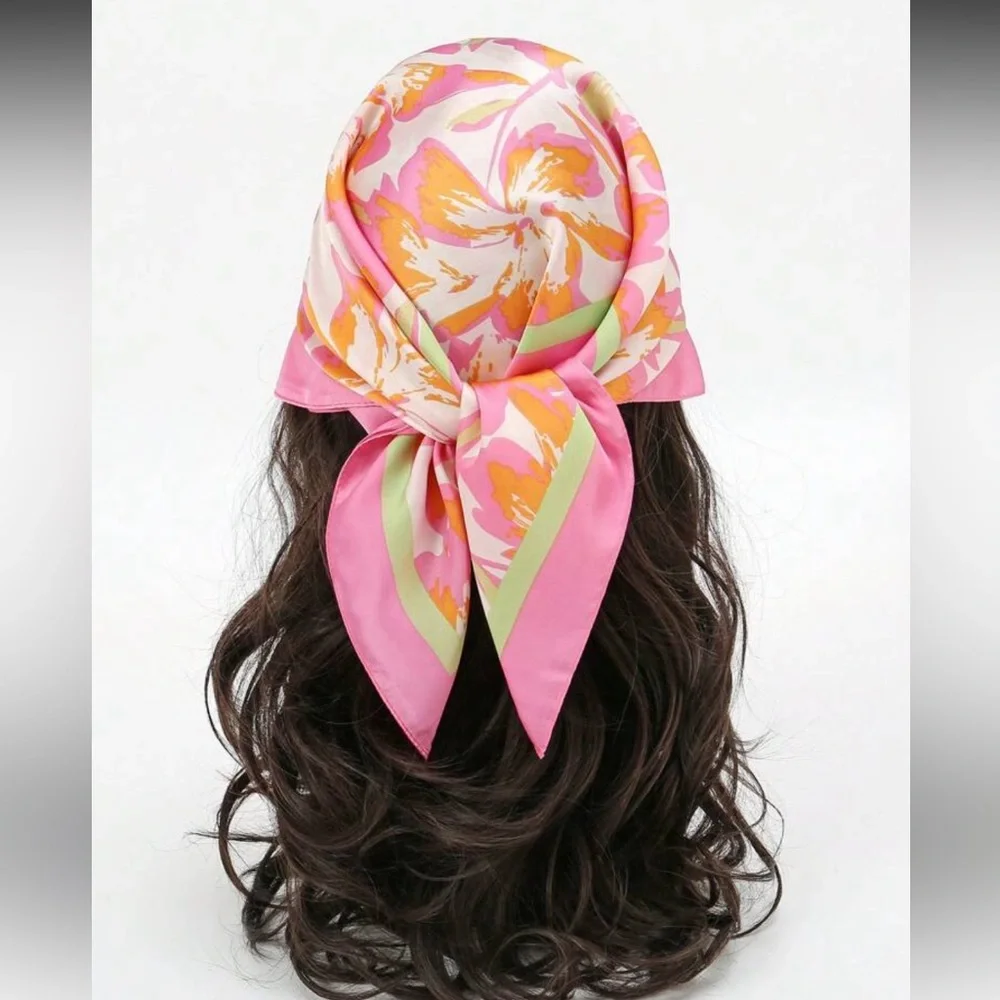 Free People Pink and Orange Floral Silk Headscarf